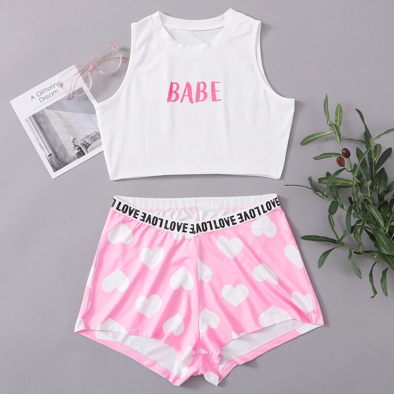 

Letter & Heart Print Pajama Set, Multicolor