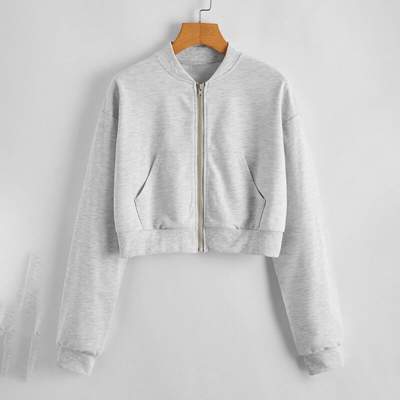 

Solid Zip Up Crop Sweatshirt, Light grey