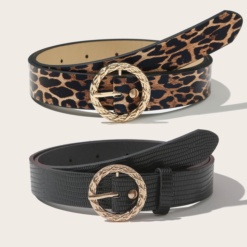 

2pcs Leopard Print Buckle Belt, Multicolor