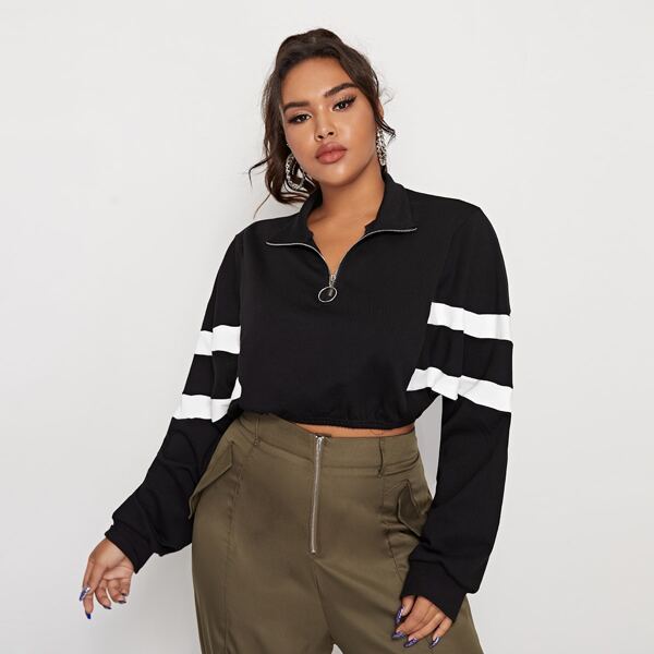 

Plus Zipper Half Placket Striped Sleeve Sweatshirt, Black