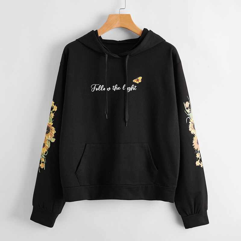 

Slogan & Sunflower Print Drawstring Hoodie, Black