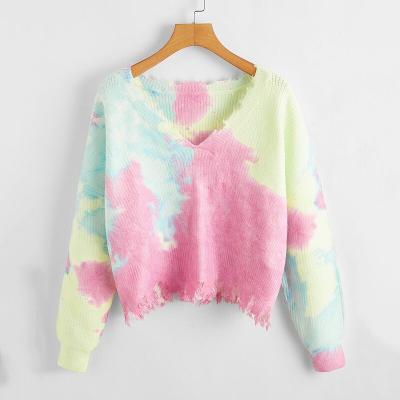

Tie Dye Frayed Hem Sweater, Multicolor