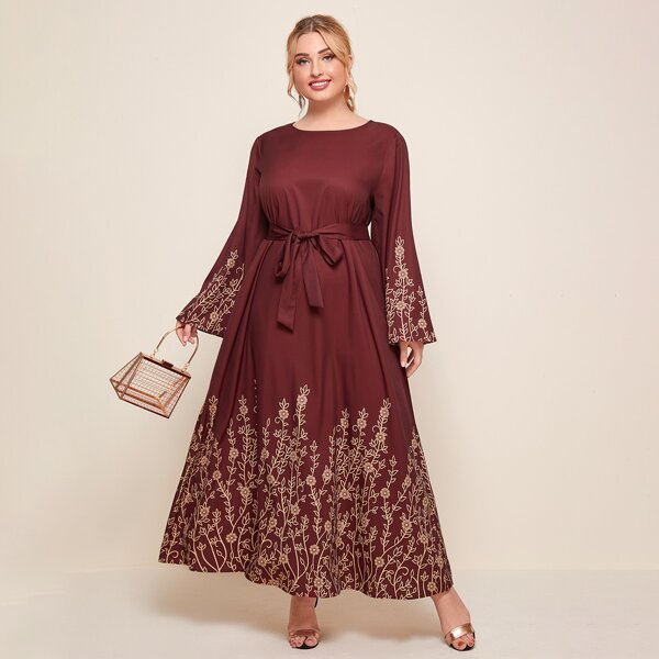 

Plus Plants Print Belted Maxi Dress, Maroon