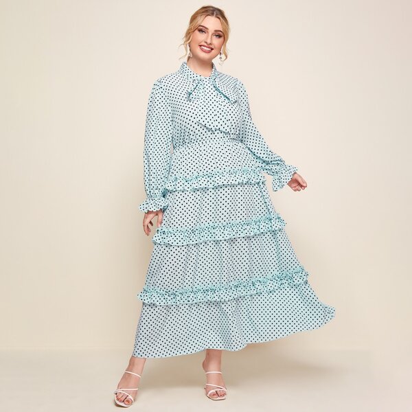 

Plus Tie Neck Layered Ruffle Polka Dot Dress, Mint blue