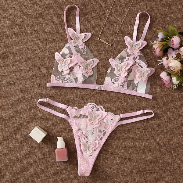 

Butterfly Appliques Embroidered Mesh Lingerie Set, Pastel baby pink