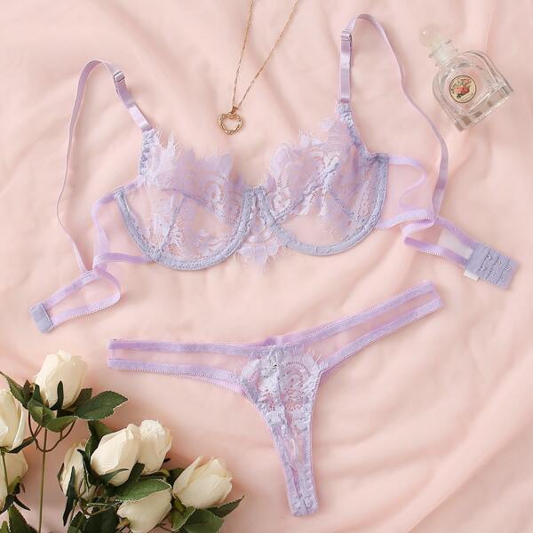 

Floral Lace Underwire Lingerie Set, Pastel lilac purple