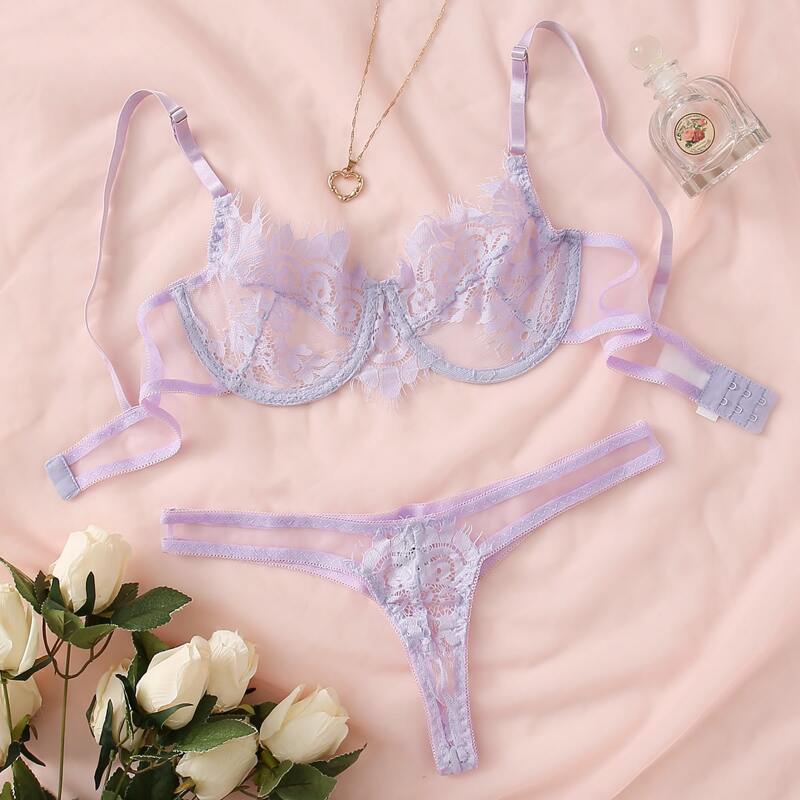 

Floral Lace Underwire Lingerie Set, Pastel lilac purple