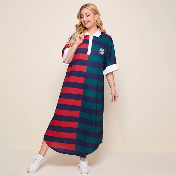 

Plus Daisy Floral Embroidered Colorblock Striped Polo Dress, Multicolor
