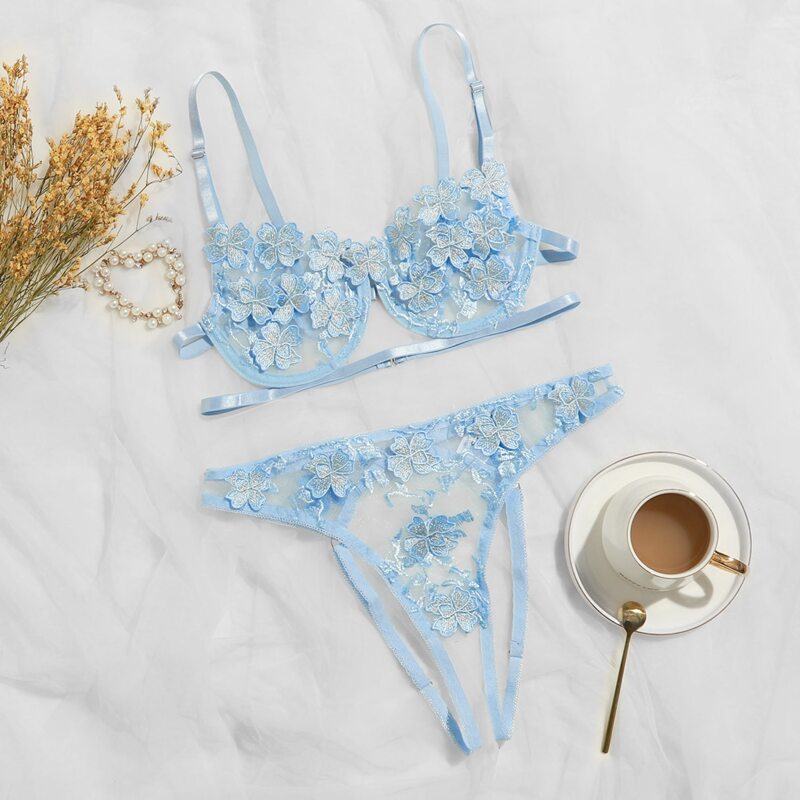 

Mesh Appliques Crotchless Underwire Lingerie Set, Pastel baby blue