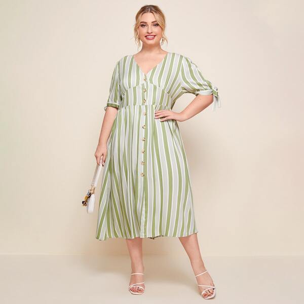 

Plus V-neck Knot Cuff Button Detail Striped Dress, Mint green