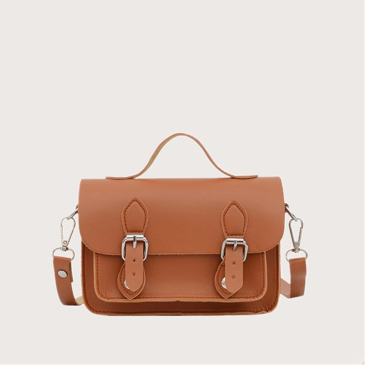 

Solid Buckle Satchel Bag, Brown