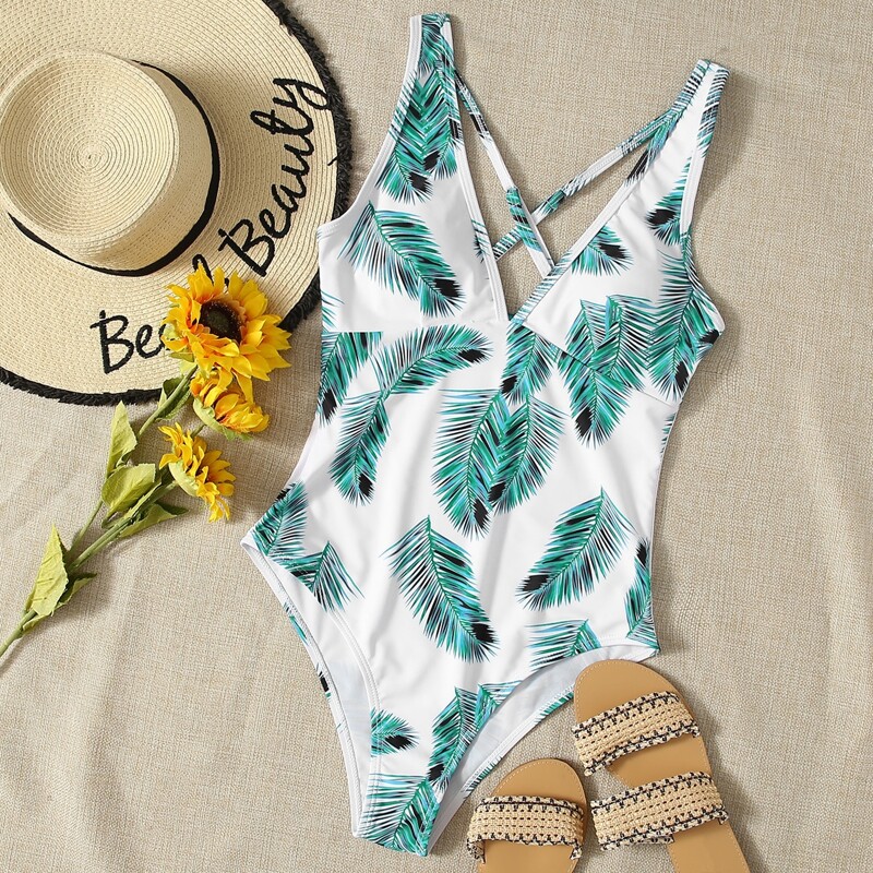 

Palm Print One Piece Swimsuit, Green