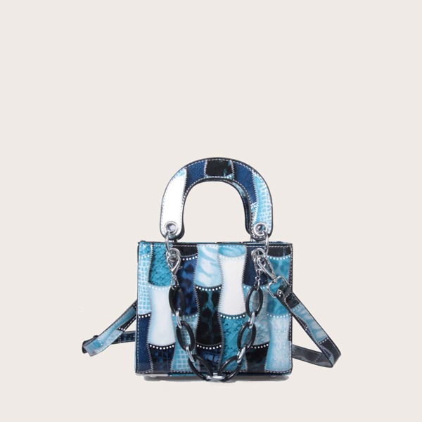 

Chain Decor Snakeskin Graphic Satchel Bag, Multicolor