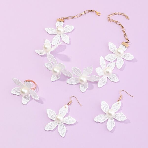 

4pcs Girls Faux Pearl Flower Decor Jewelry Set, White