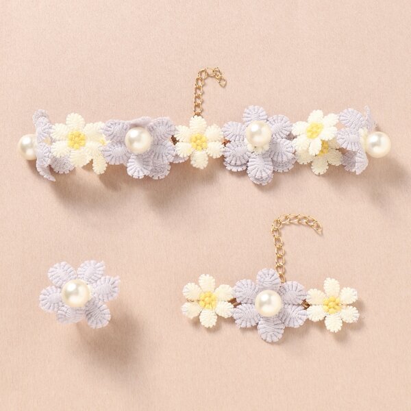 

3pcs Girls Flower Decor Jewelry Set, Blue and white