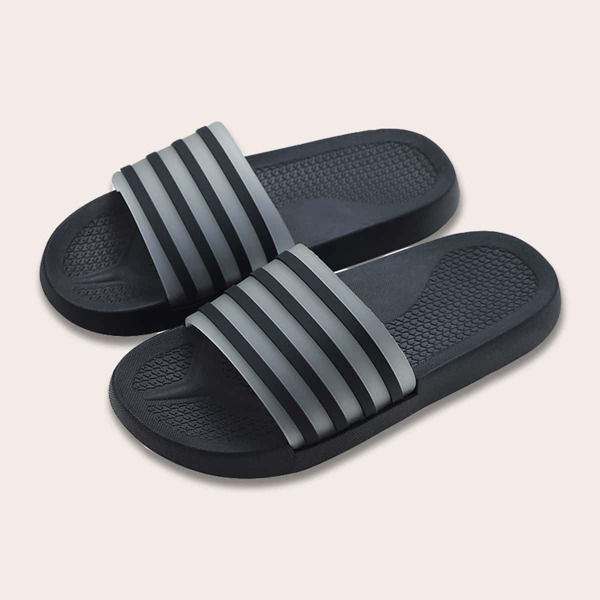 

Open Toe Striped Shower Slippers, Black