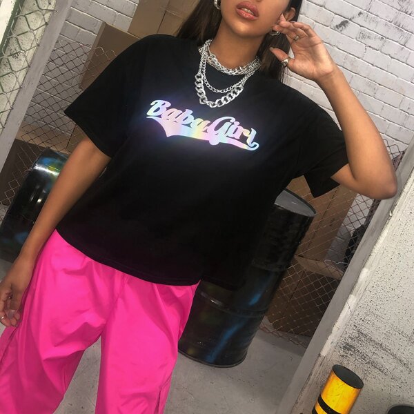 

Drop Shoulder Holographic Letter Tee, Black