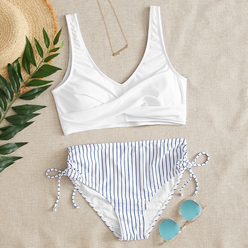 

Striped Twist High Waisted Bikini Swimsuit, Blue and white