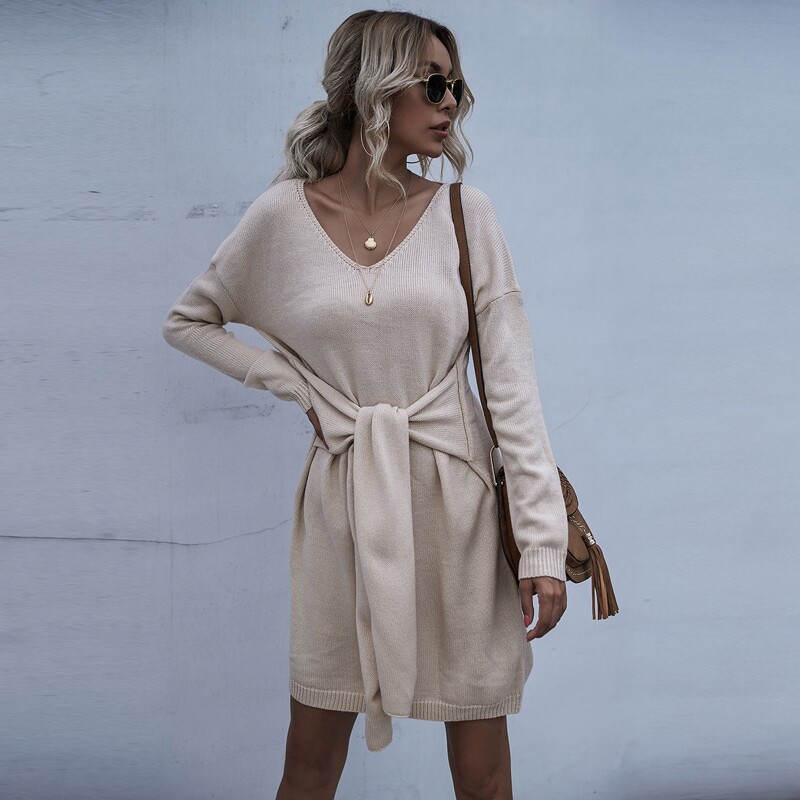 

Tie Front Drop Shoulder Knit Dress, Apricot