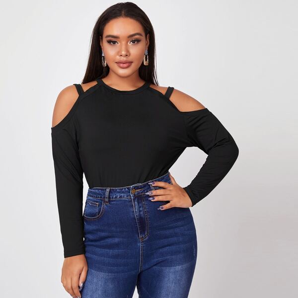 

Plus Cut Out Shoulder Solid Tee, Black