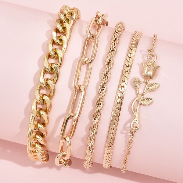 

5pcs Rose Decor Chain Bracelet, Gold
