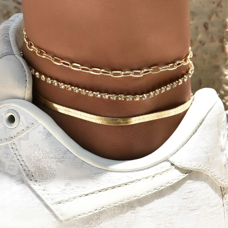 

3pcs Rhinestone Decor Anklet, Gold