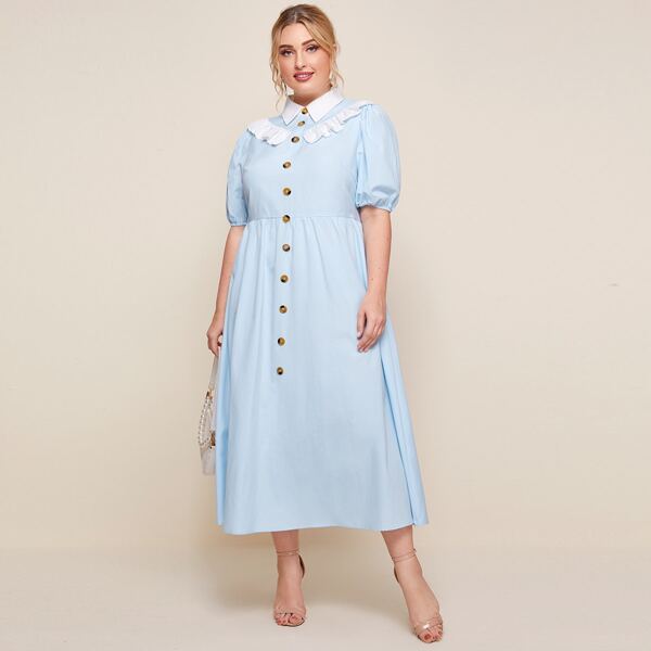 

Plus Ruffle Trim Button Front Dress, Baby blue