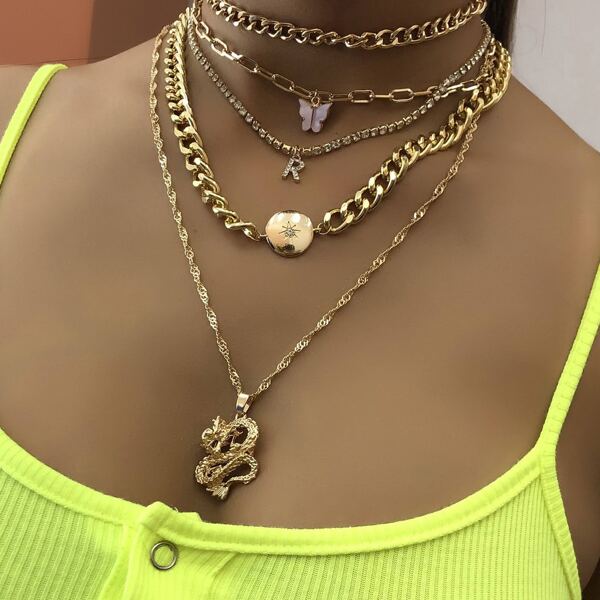 

3pcs Rhinestone Letter Decor Necklace, Gold