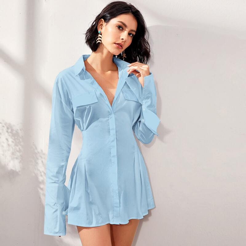 

Solid Fake Pocket Mini Shirt Dress, Baby blue