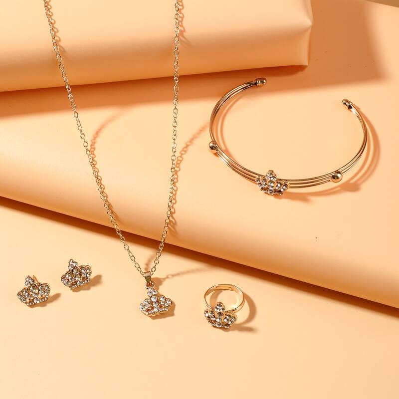 

5pcs Rhinestone Crown Jewelry Set, Gold