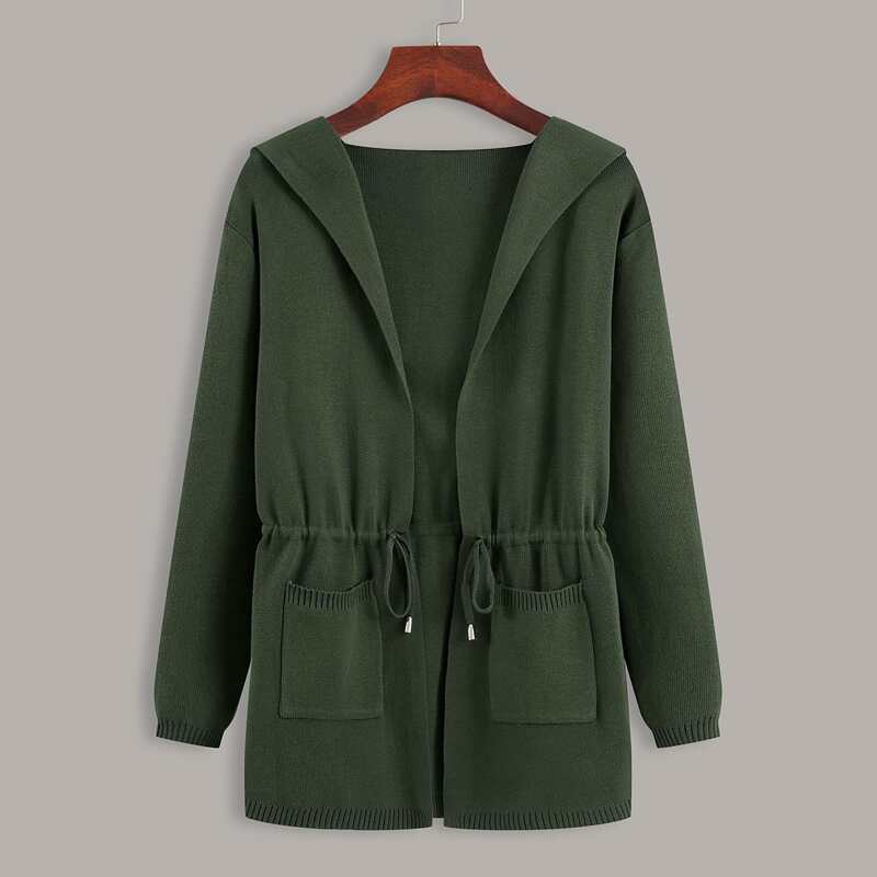 

Drawstring Dual Pockets Hooded Cardigan, Dark green