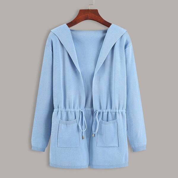 

Drawstring Dual Pockets Hooded Cardigan, Baby blue