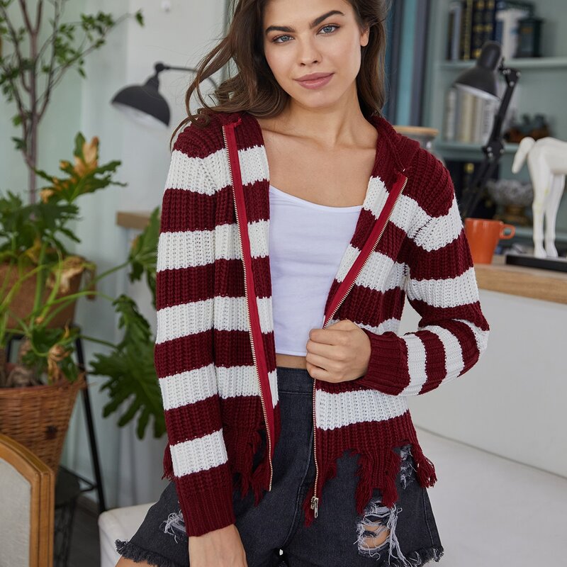 

Striped Raw Hem Hooded Cardigan, Red and white