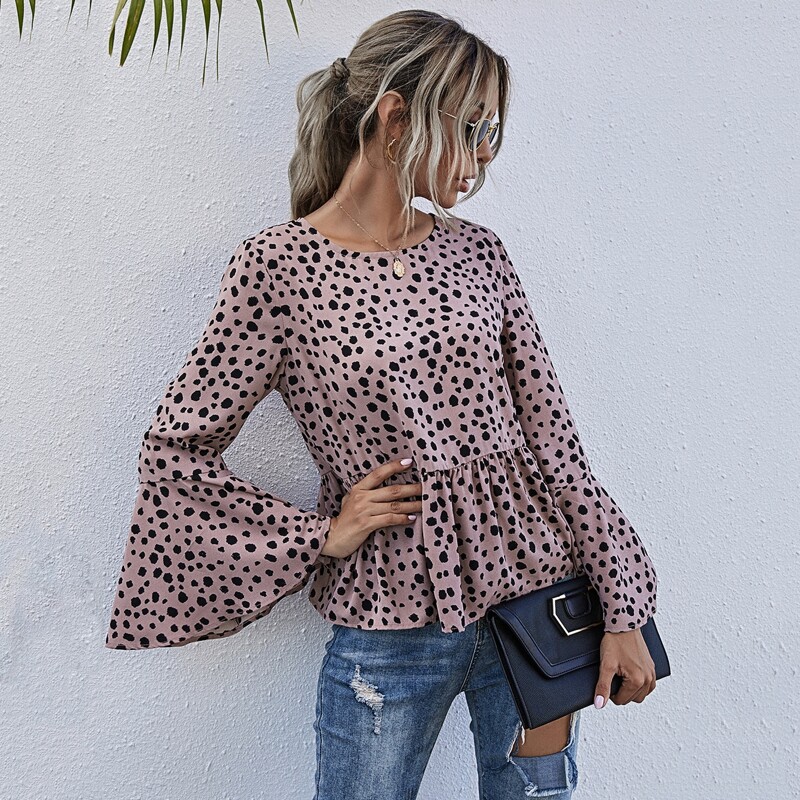 

All Over Print Flounce Sleeve Peplum Blouse, Dusty pink