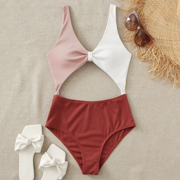 

Color Block Rib Cut Out One Piece Swimsuit, Multicolor