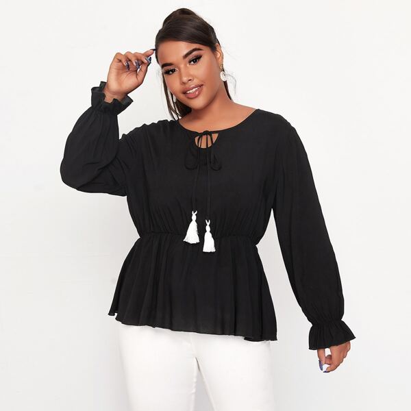 

Plus Keyhole Tie Neck Peplum Blouse, Black