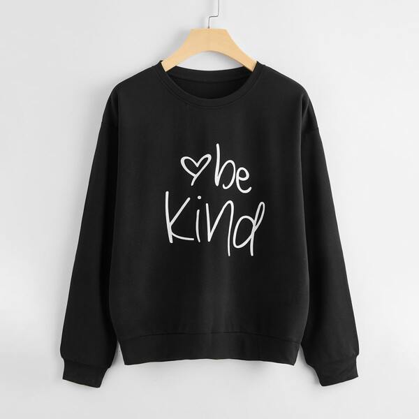 

Drop Shoulder Heart & Slogan Graphic Sweatshirt, Black
