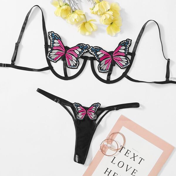 

Butterfly Applique Lingerie Set, Black