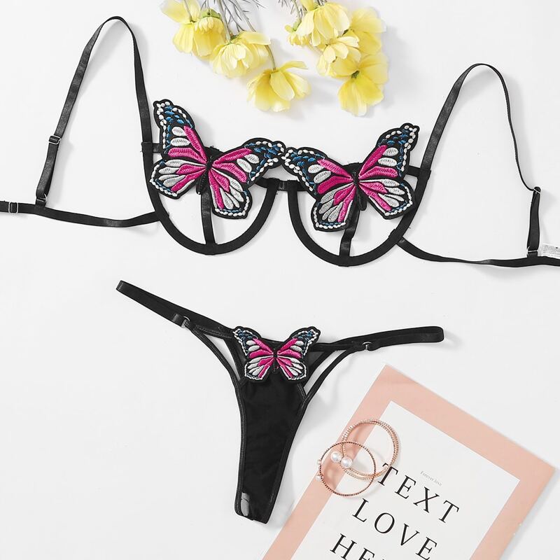 

Butterfly Applique Lingerie Set, Black