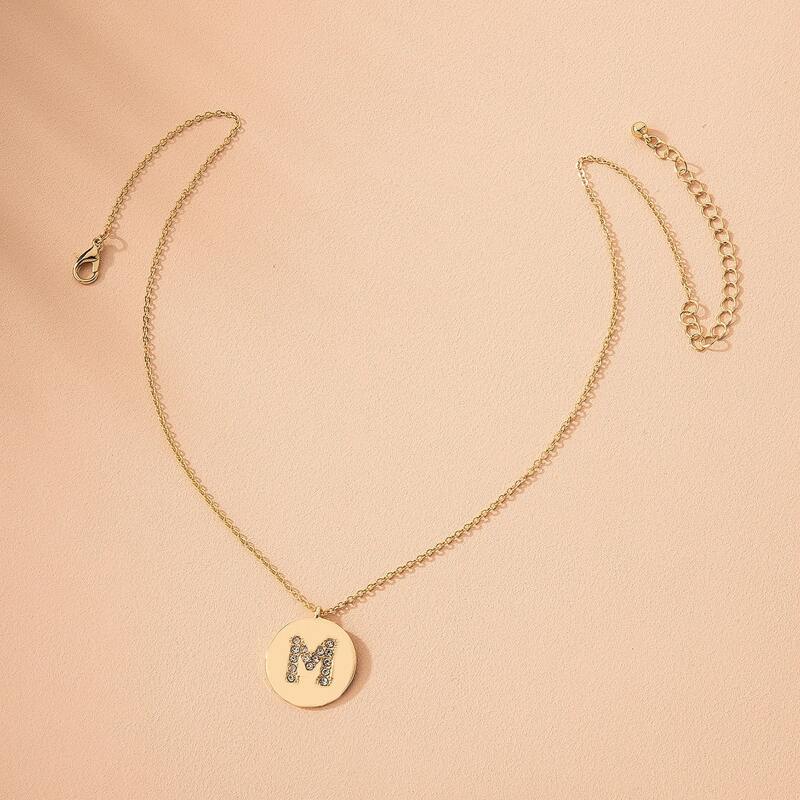 Rhinestone Letter Round Charm Necklace, Gold