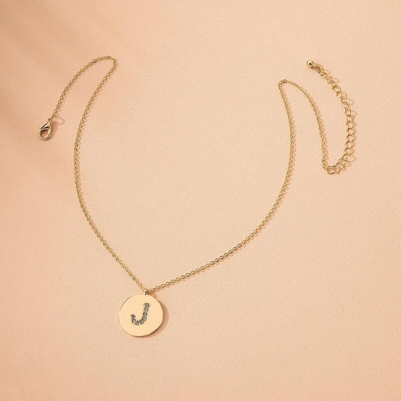 

Rhinestone Letter Round Charm Necklace, Gold