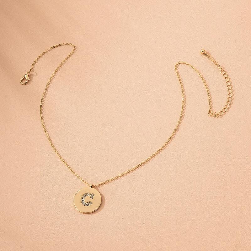 

Rhinestone Letter Round Charm Necklace, Gold