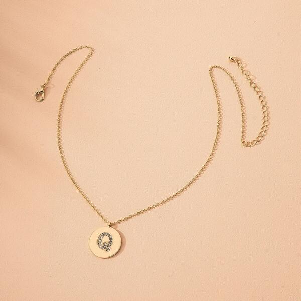 

Rhinestone Letter Round Charm Necklace, Gold