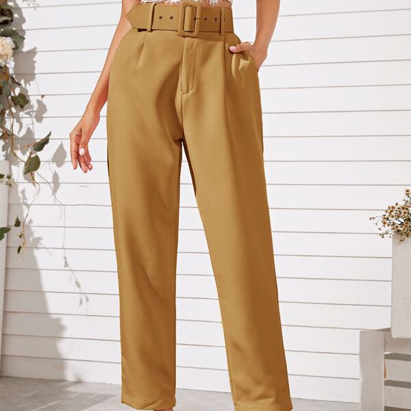 

Solid Slant Pocket Straight Leg Belted Pants, Camel