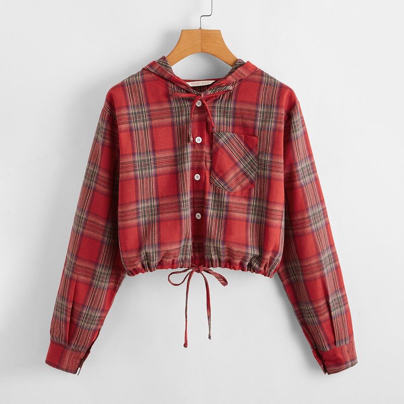 

Plaid Drawstring Hem Hooded Jacket, Red