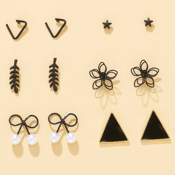 

6pairs Girls Faux Pearl Decor Earrings, Black
