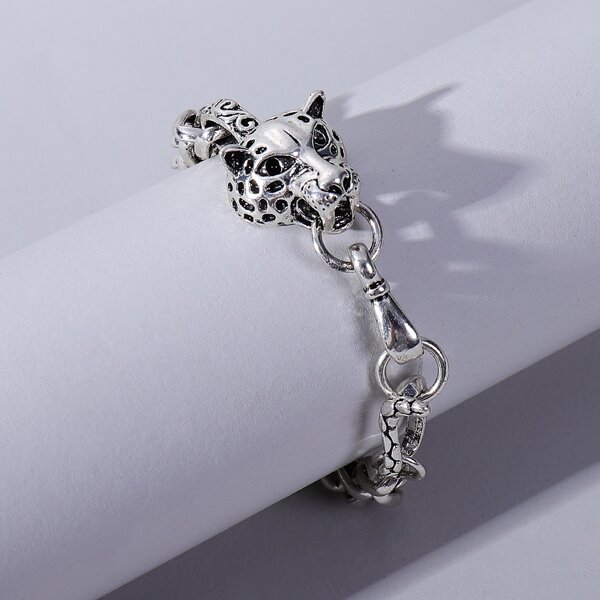 

Men Leopard Decor Bracelet, Silver