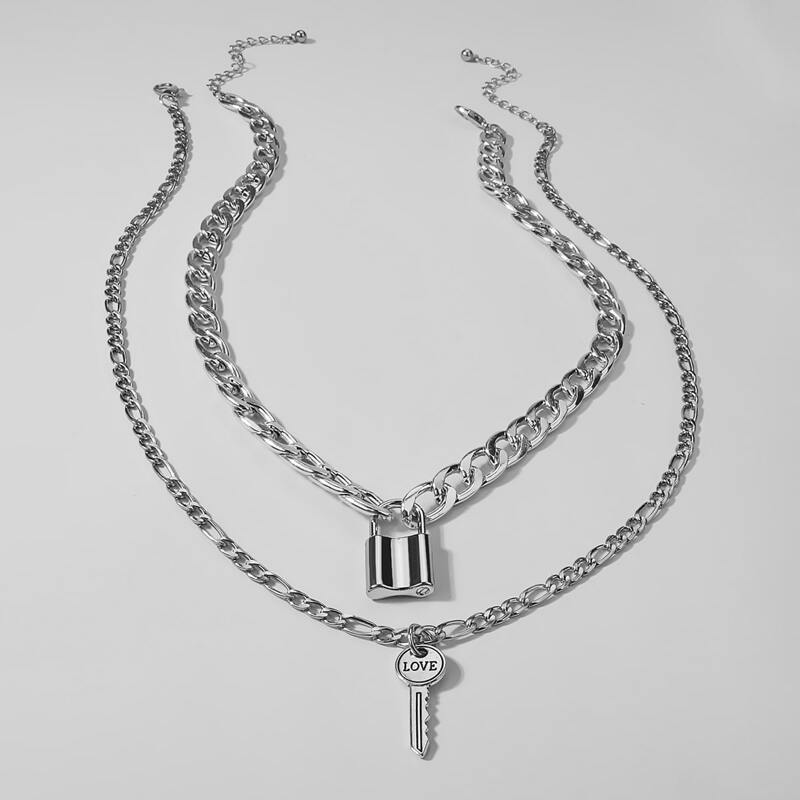 

2pcs Guys Lock Key Charm Necklace, Silver