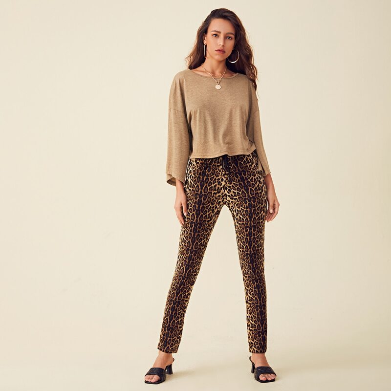 

Drop Shoulder Top & Tie Waist Leopard Leggings Set, Multicolor