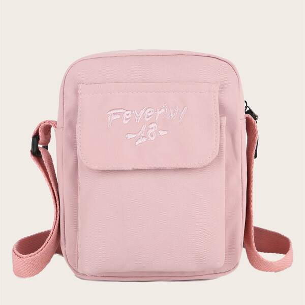 

Letter Embroidery Flap Crossbody Bag, Pink